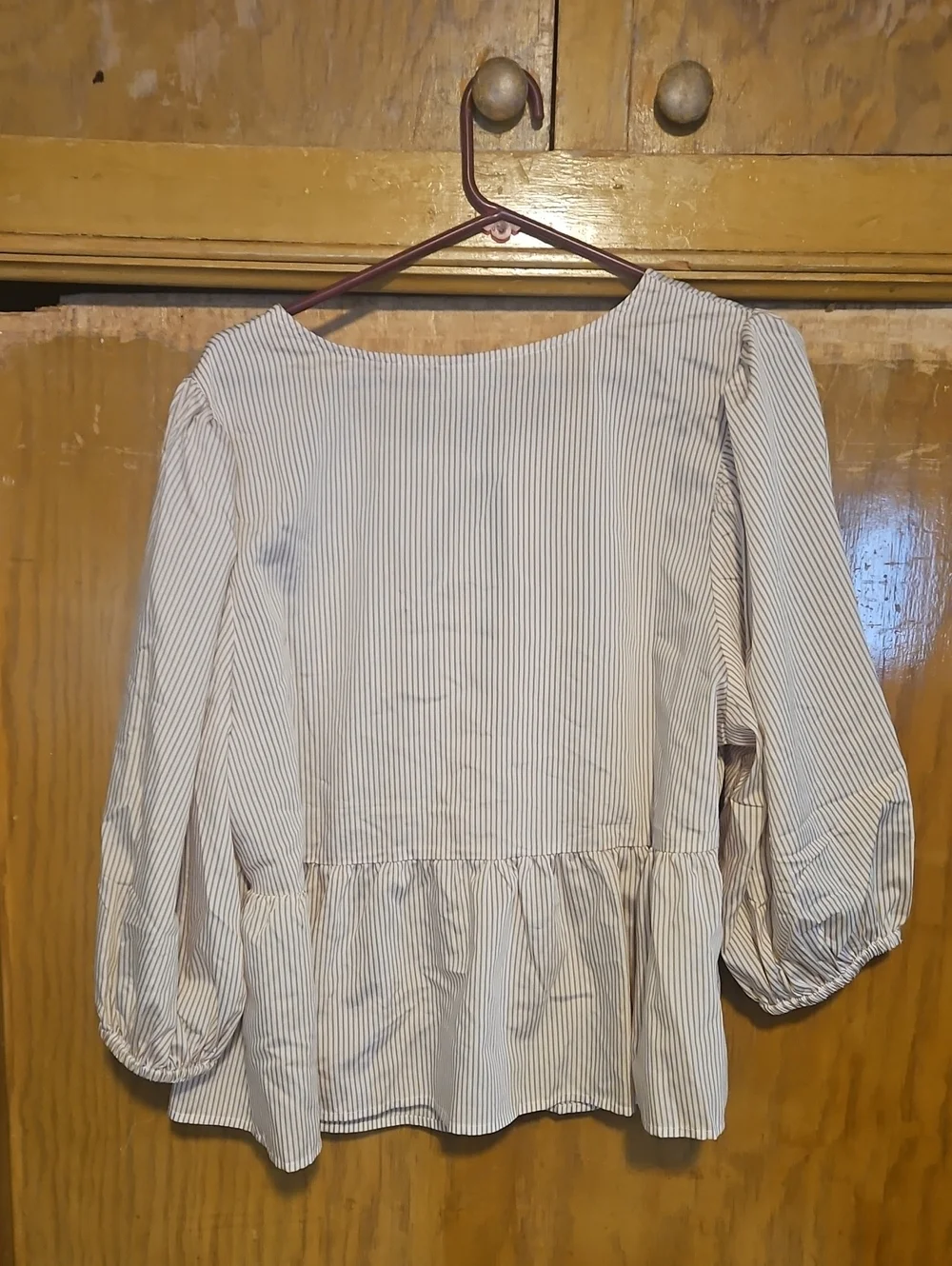 a new day Striped Tie-Front Peplum Blouse - White & Tan 3/4 Sleeve